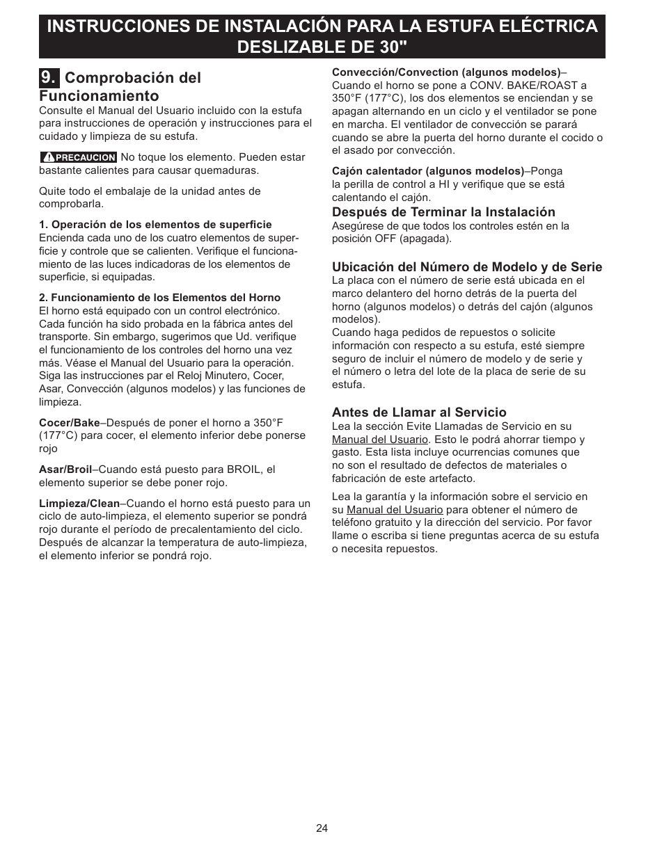 Comprobación del funcionamiento | FRIGIDAIRE FFES3025PW User Manual | Page 24 / 40