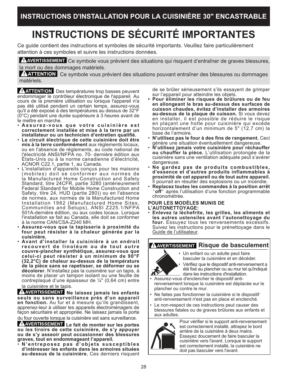Instructions de sécurité importantes, Risque de basculement | FRIGIDAIRE FFES3025PW User Manual | Page 28 / 40