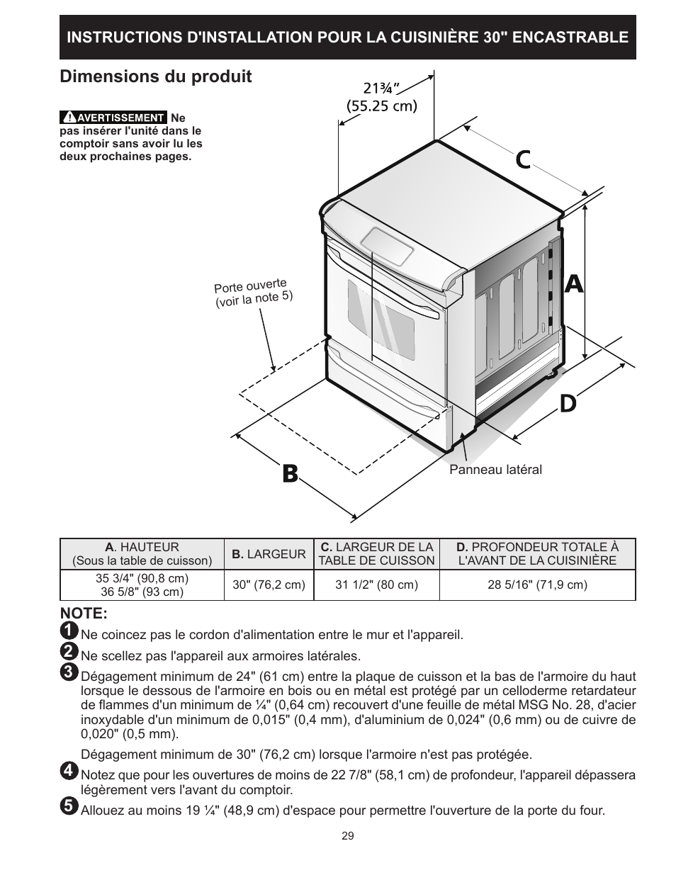 Dimensions du produit | FRIGIDAIRE FFES3025PW User Manual | Page 29 / 40