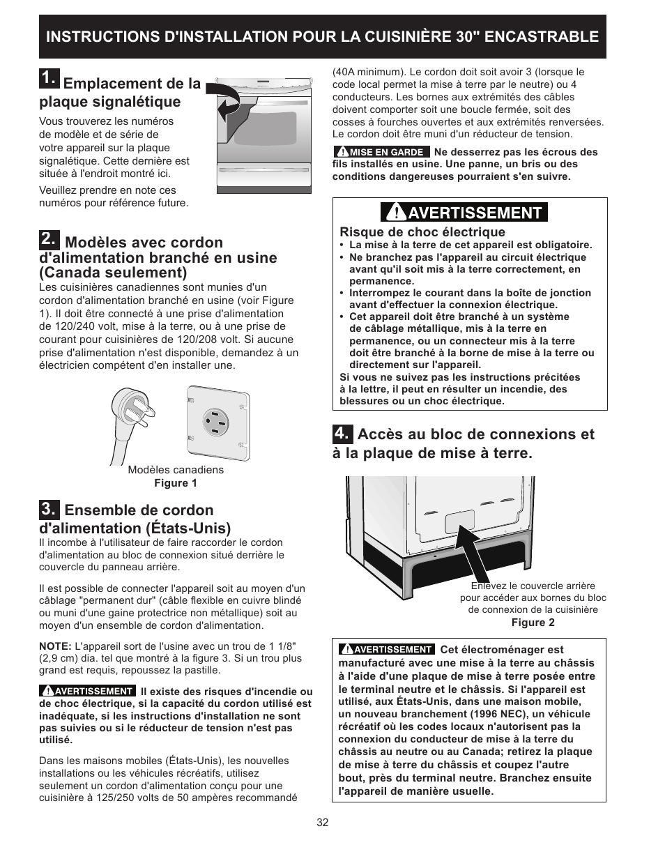 Ensemble de cordon d'alimentation (états‑unis), Emplacement de la plaque signalétique | FRIGIDAIRE FFES3025PW User Manual | Page 32 / 40