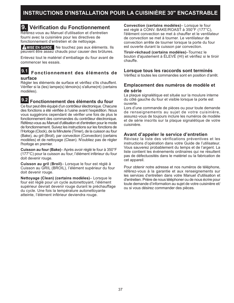 Vérification du fonctionnement | FRIGIDAIRE FFES3025PW User Manual | Page 37 / 40