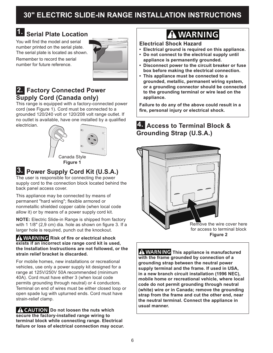 Power supply cord kit (u.s.a.), Factory connected power supply cord (canada only), Serial plate location | FRIGIDAIRE FFES3025PW User Manual | Page 6 / 40