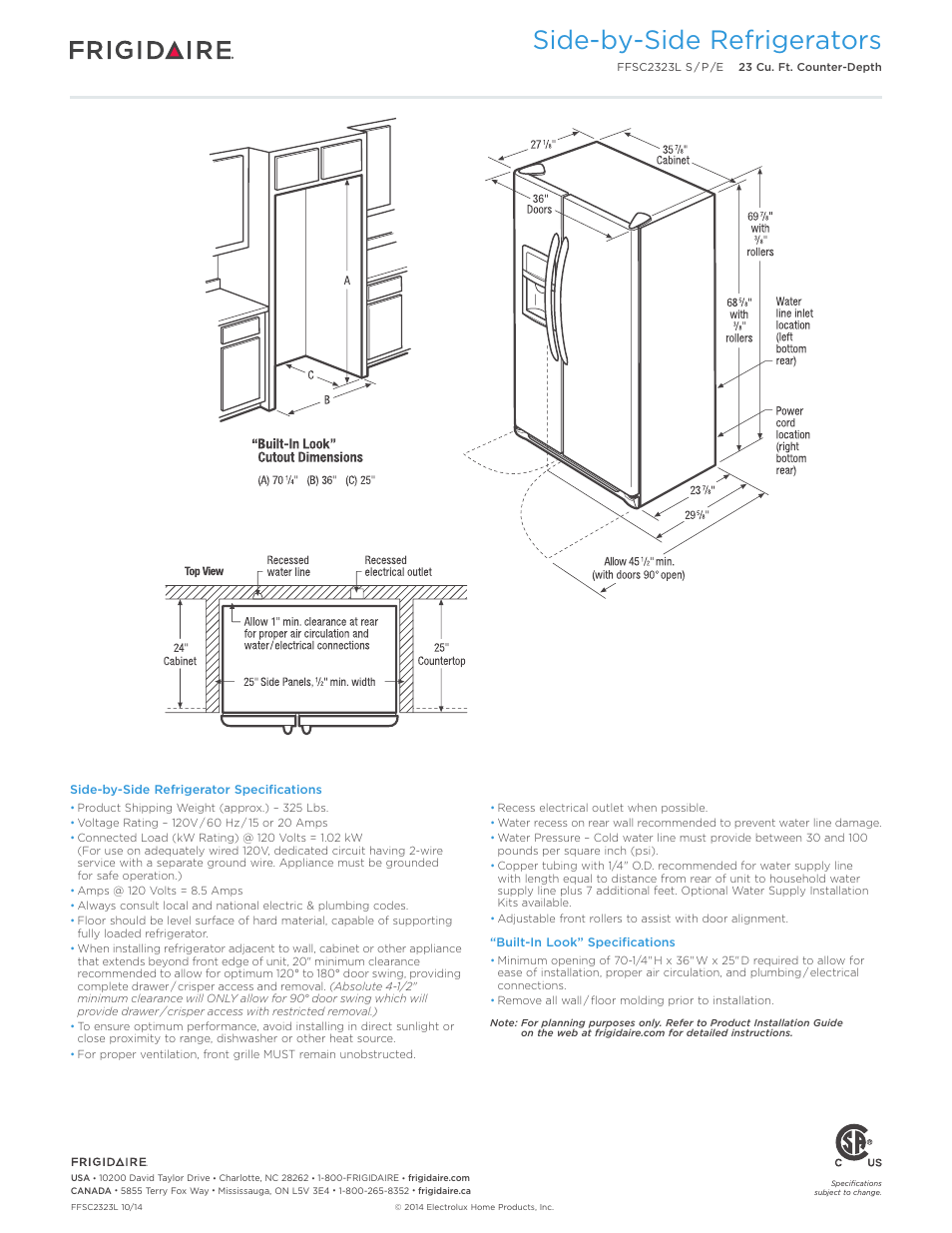 Side-by-side refrigerators | FRIGIDAIRE FFSC2323LE User Manual | Page 3 / 4