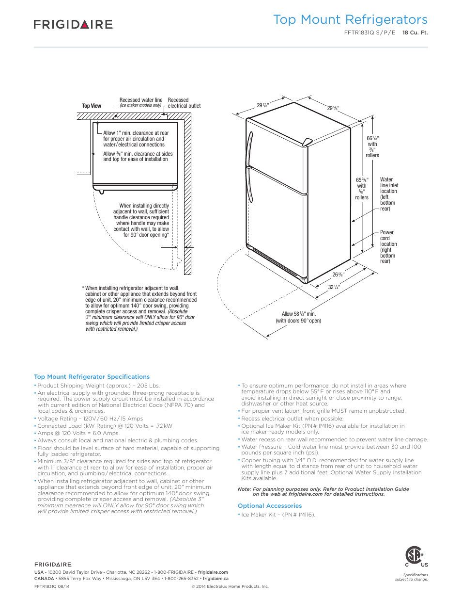 Top mount refrigerators | FRIGIDAIRE FFTR1831QS User Manual | Page 3 / 4