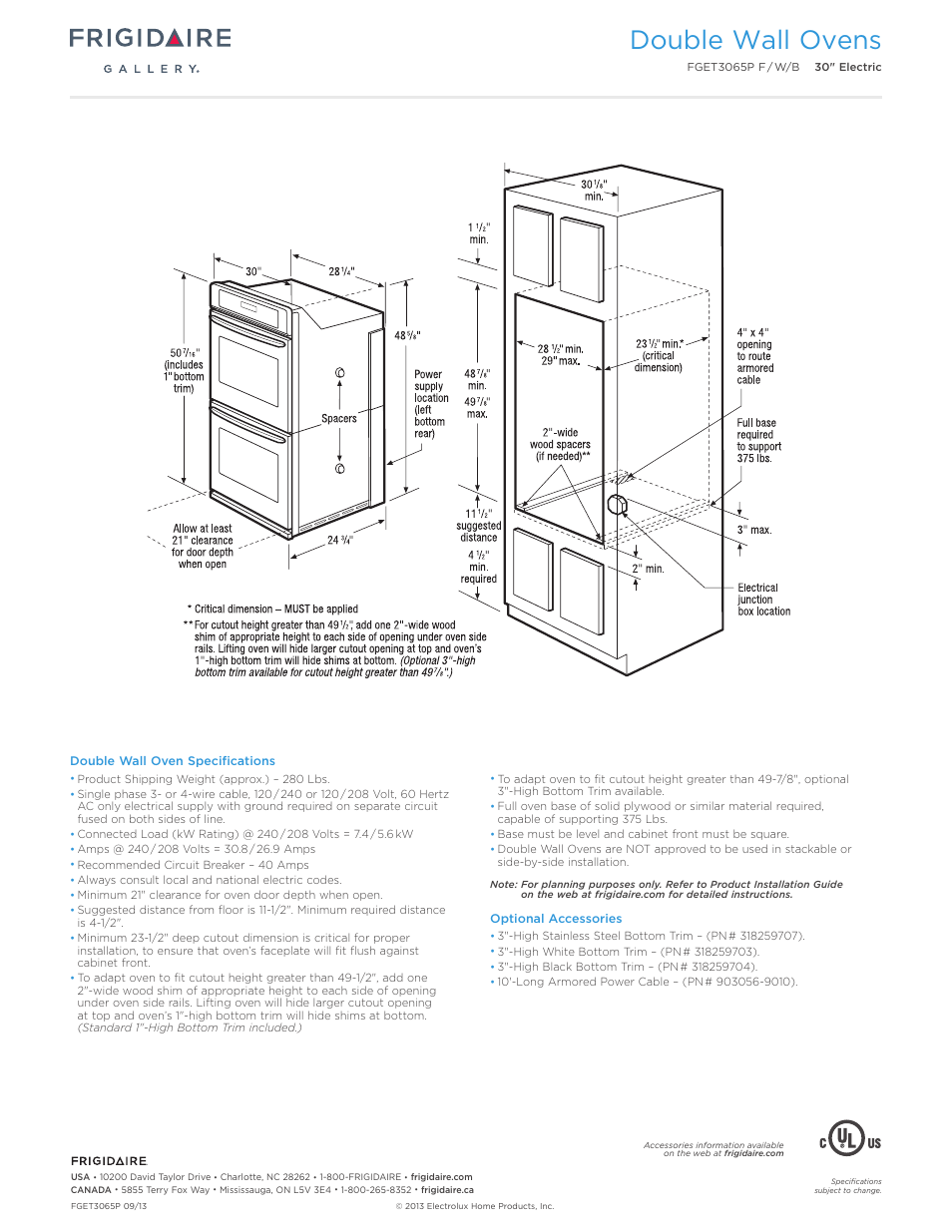 30" double electric wall oven gallery, Double wall ovens | FRIGIDAIRE FGET3065PW User Manual | Page 3 / 7