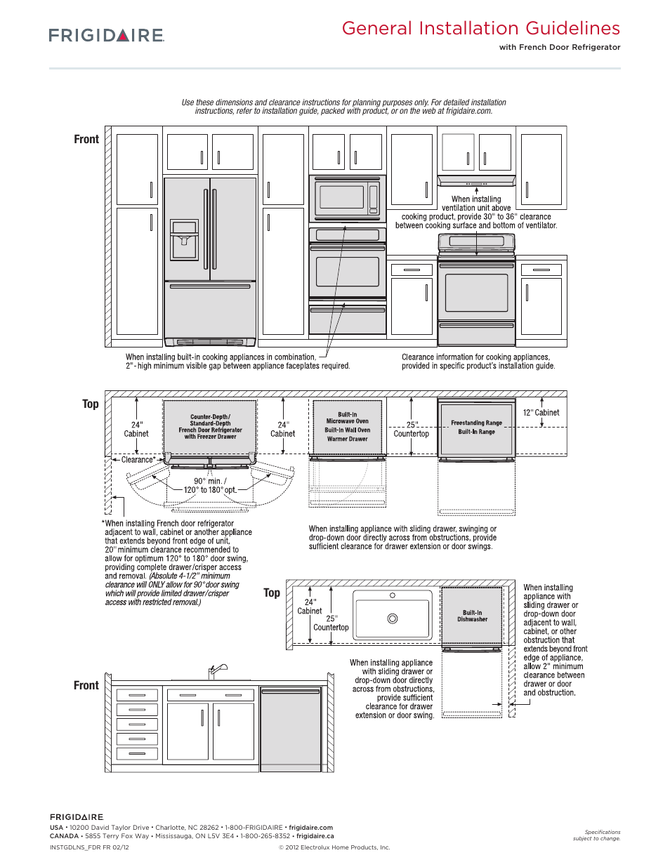 General installation guidelines, Front top front | FRIGIDAIRE FFEW3025LB User Manual | Page 12 / 12