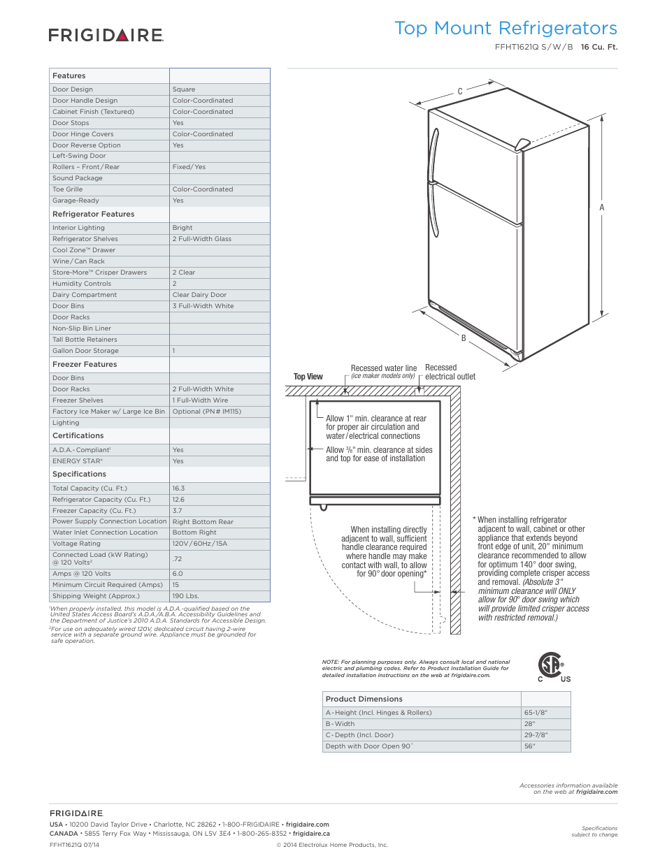 Top mount refrigerators frigidaire baseline, Top mount refrigerators | FRIGIDAIRE FFHT1621QS User Manual | Page 2 / 4