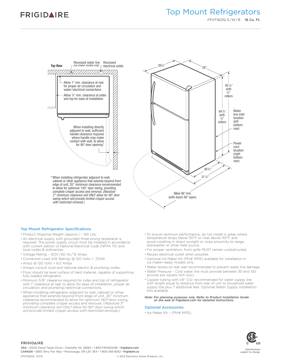 Top mount refrigerator - 15 cu. ft. baseline, Top mount refrigerators | FRIGIDAIRE FFHT1621QS User Manual | Page 3 / 4