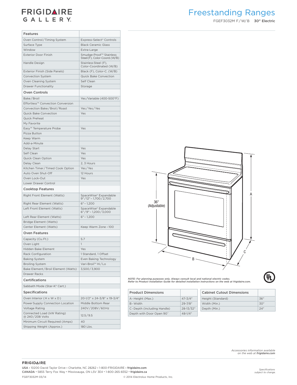 Freestanding ranges | FRIGIDAIRE FGEF3032MW User Manual | Page 2 / 7