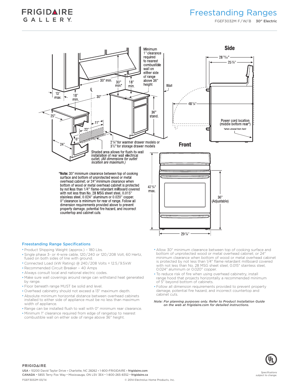 30" electric freestanding ranges gallery, Freestanding ranges | FRIGIDAIRE FGEF3032MW User Manual | Page 3 / 7