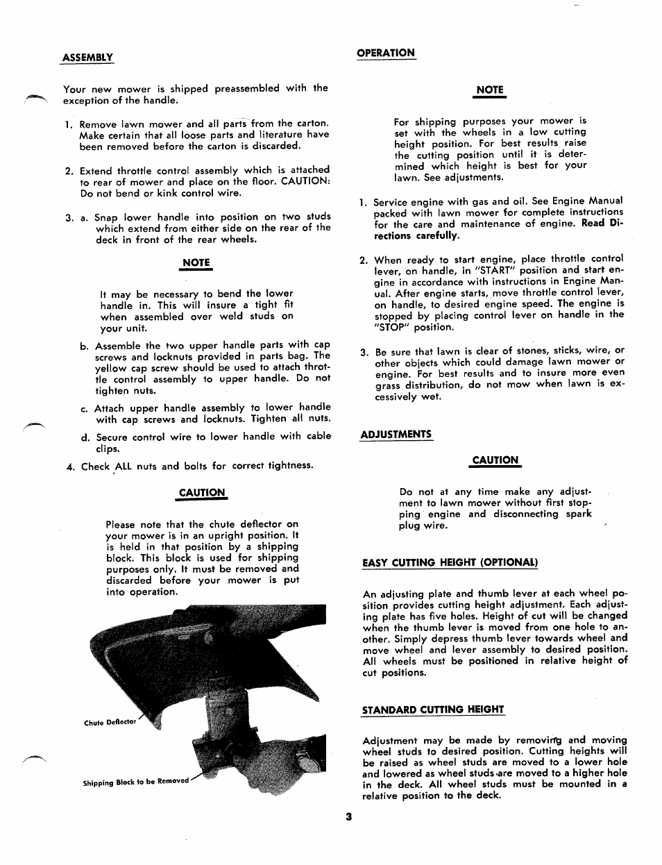 Note, Adjustments, Caution | Easy cutting height (optional), Standard cutting height | Bolens 115-040A User Manual | Page 3 / 8