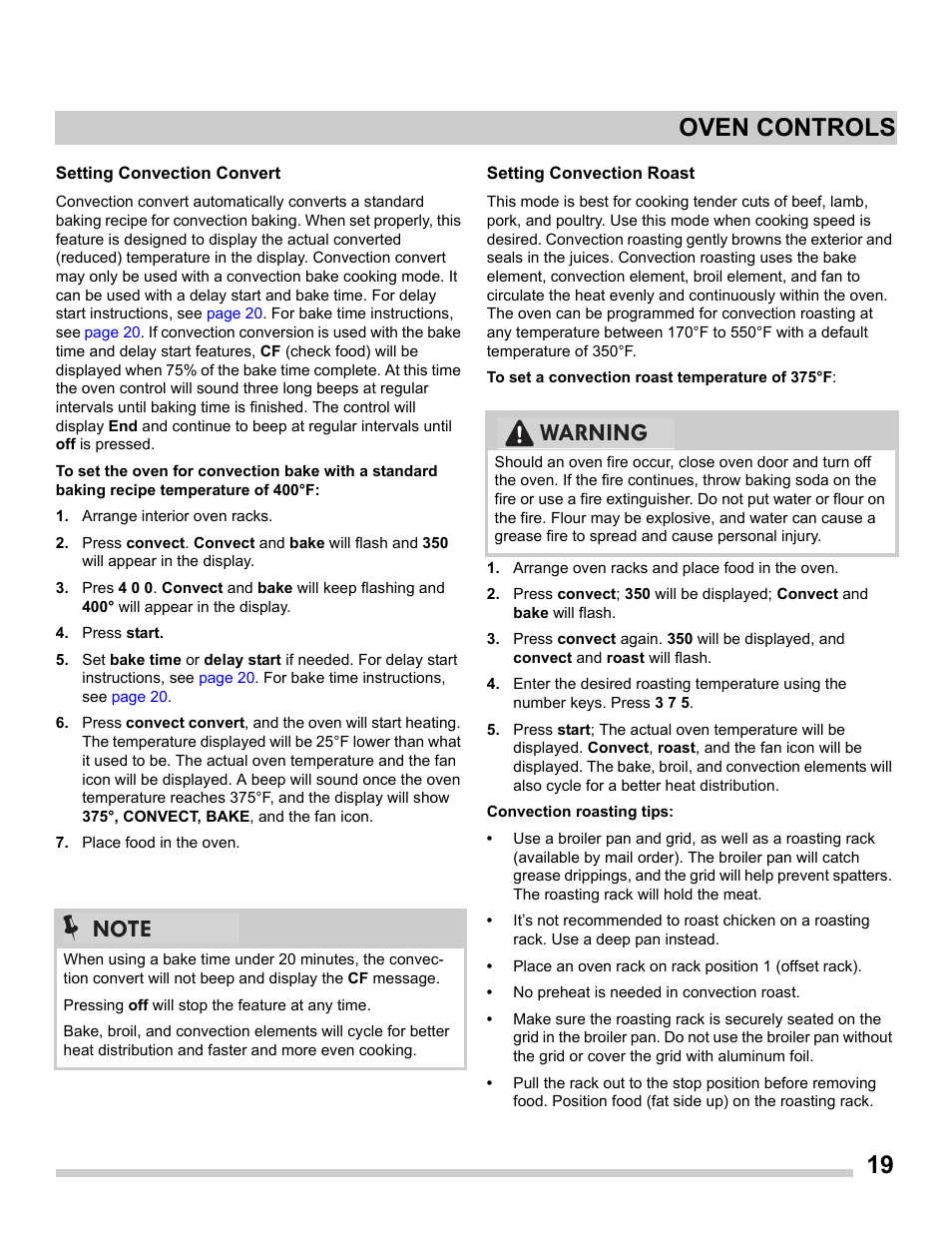 19 oven controls, Warning | FRIGIDAIRE FGGS3065PF User Manual | Page 19 / 35