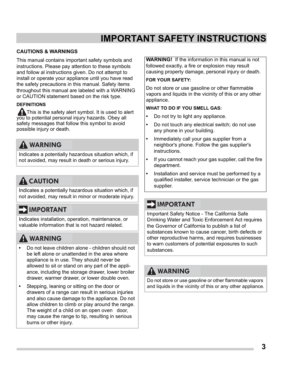 Important safety instructions, Warning caution important warning, Important warning | FRIGIDAIRE FGGS3065PF User Manual | Page 3 / 35