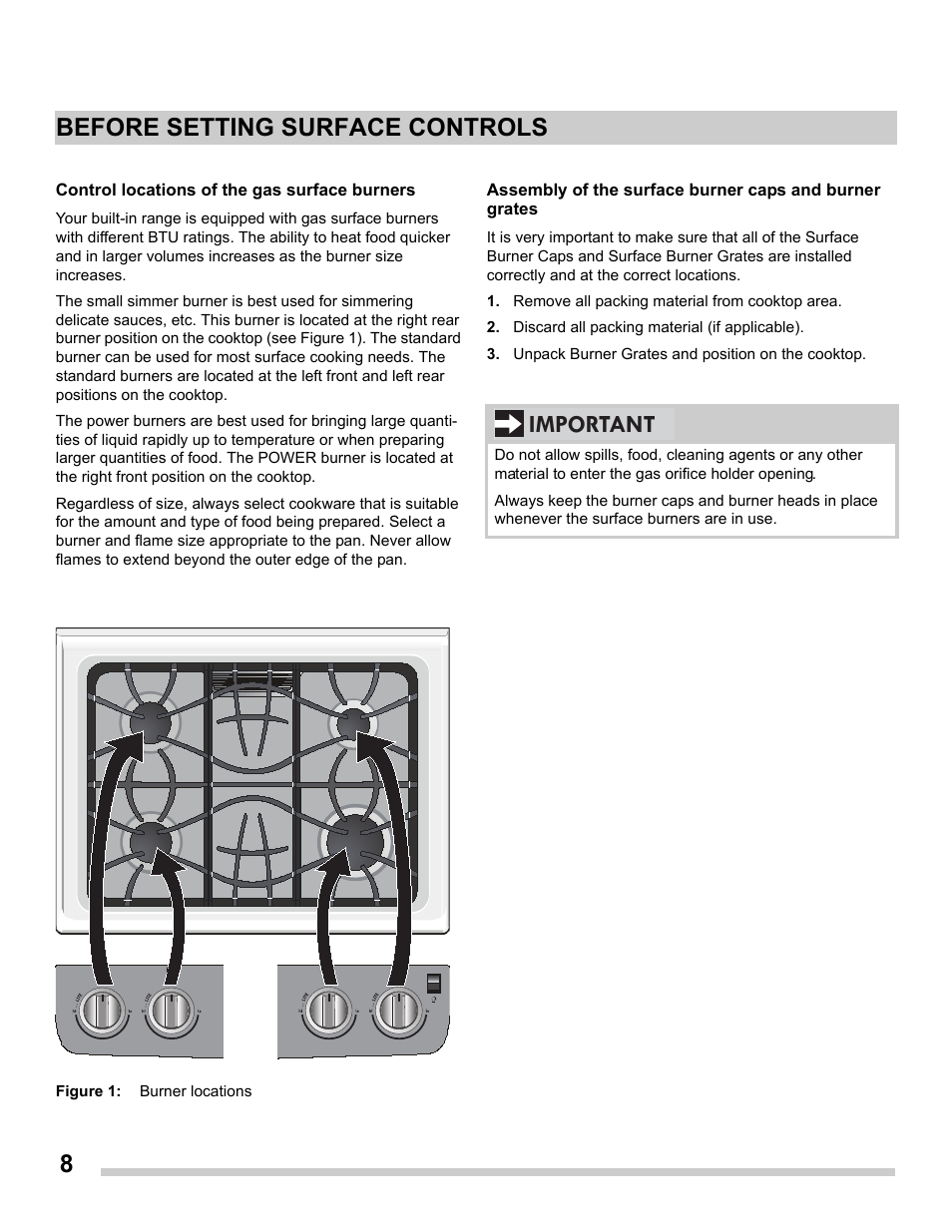 Important before setting surface controls | FRIGIDAIRE FGGS3065PF User Manual | Page 8 / 35