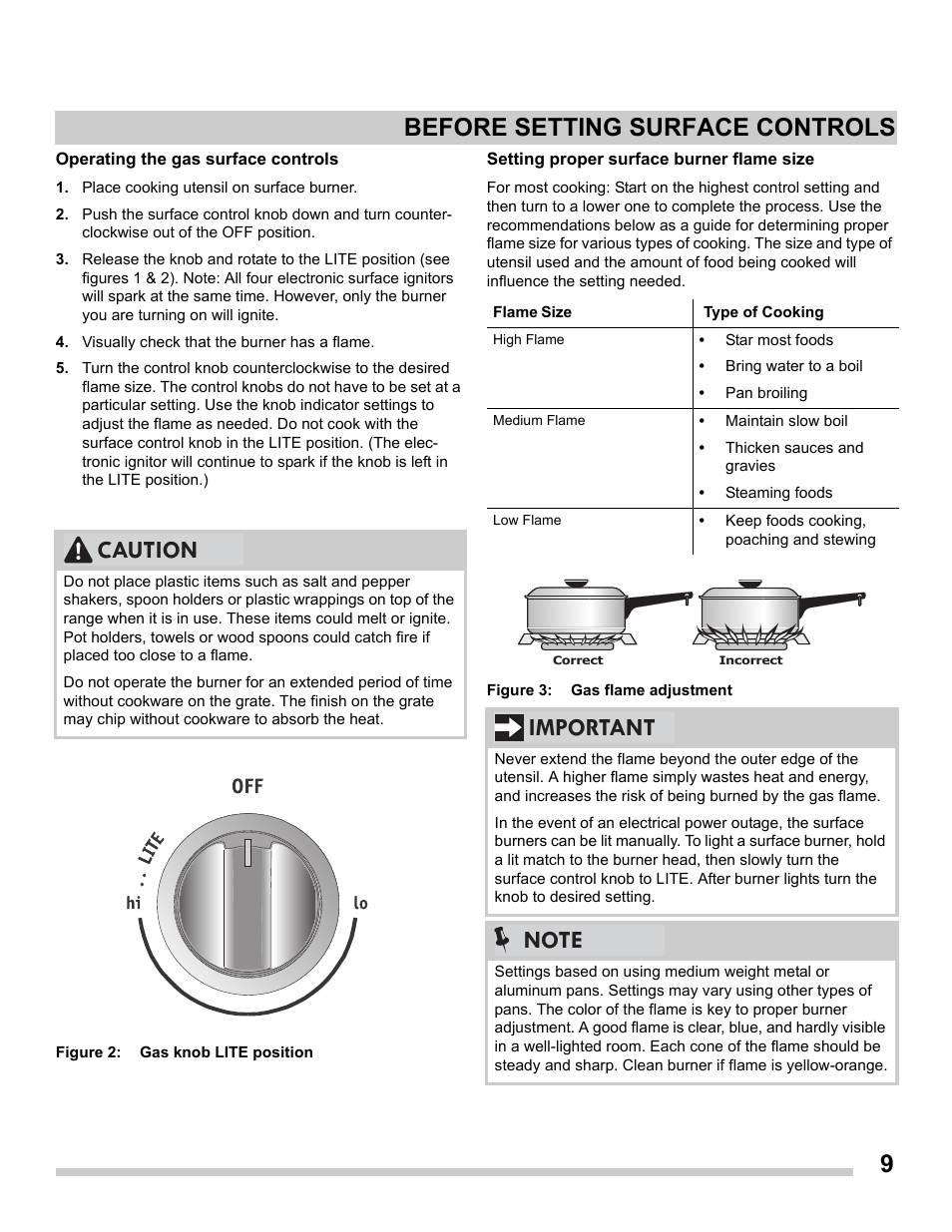 9before setting surface controls, Caution | FRIGIDAIRE FGGS3065PF User Manual | Page 9 / 35