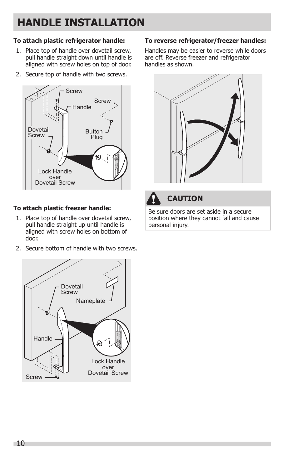 Handle installation, Caution | FRIGIDAIRE FFHT1831QE User Manual | Page 10 / 23