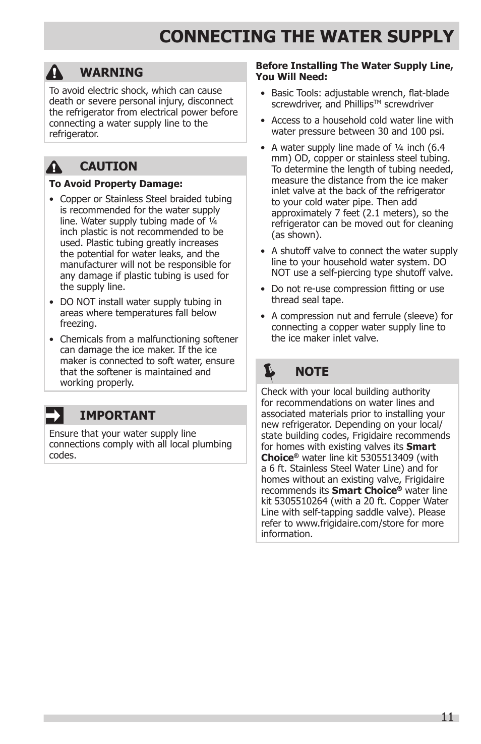 Connecting the water supply, Warning, Caution | Important | FRIGIDAIRE FFHT1831QE User Manual | Page 11 / 23