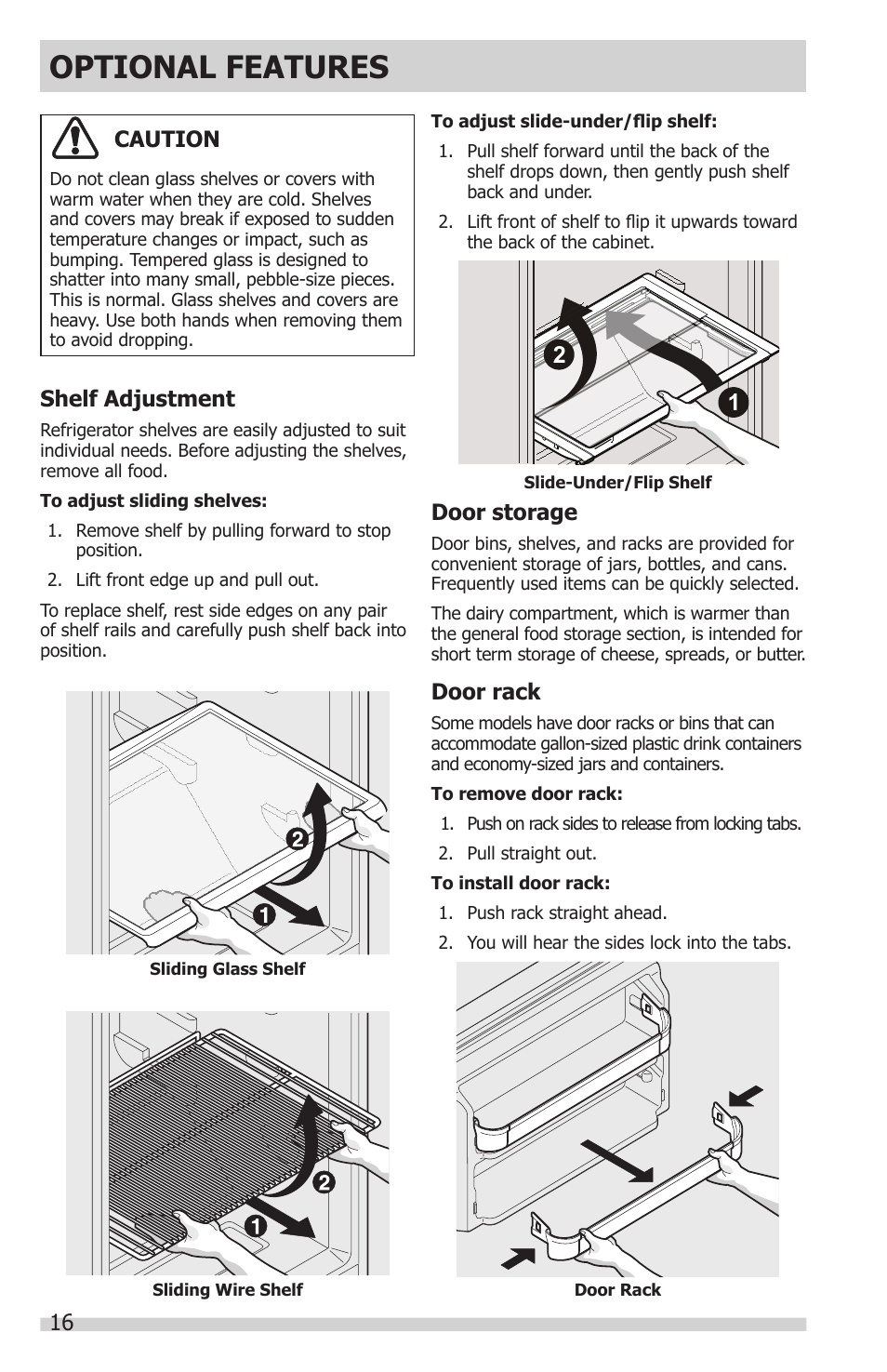 Optional features, Caution, Shelf adjustment | Door storage, Door rack | FRIGIDAIRE FFHT1831QE User Manual | Page 16 / 23