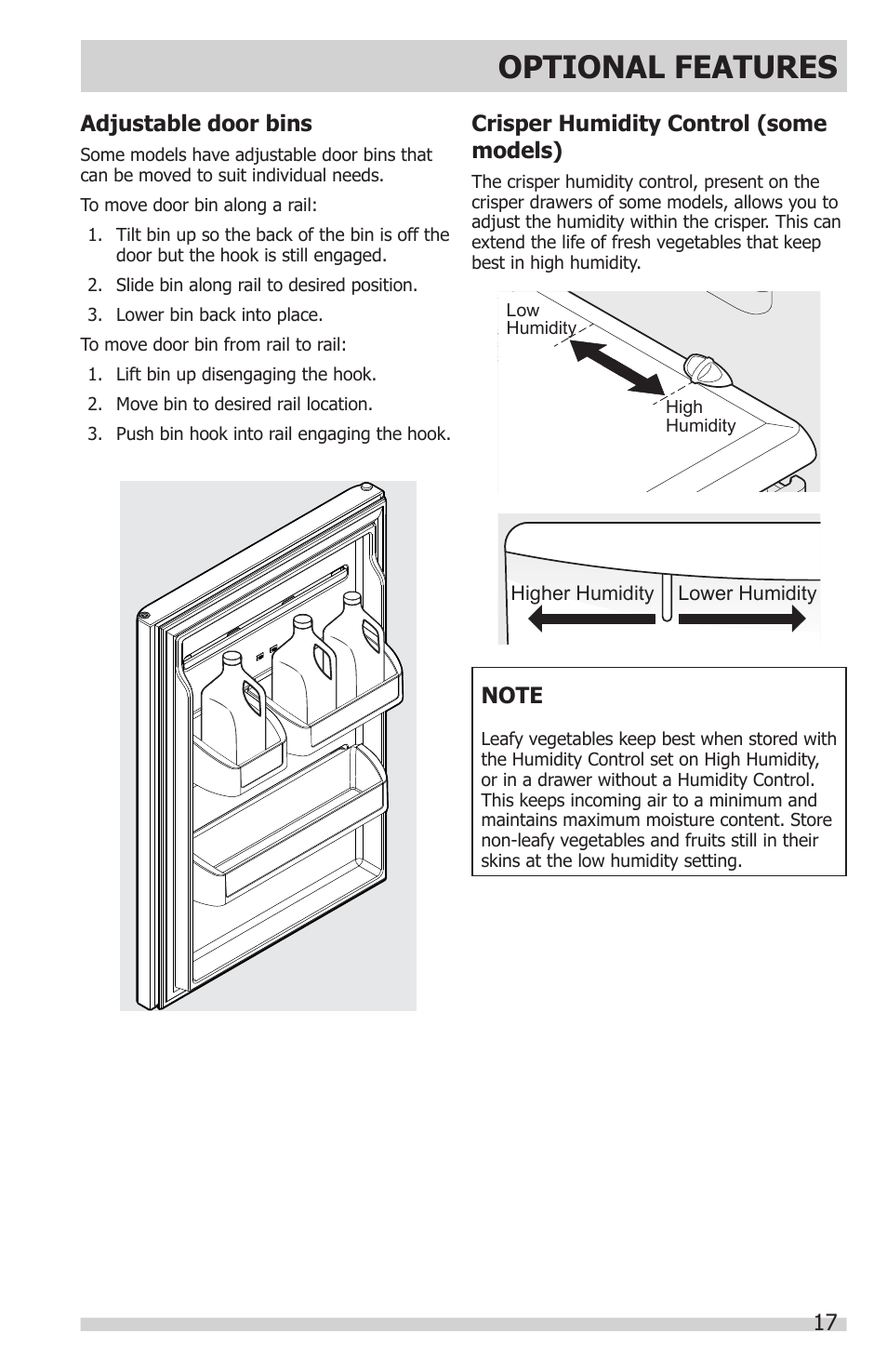 Optional features, Crisper humidity control (some models), Adjustable door bins | FRIGIDAIRE FFHT1831QE User Manual | Page 17 / 23