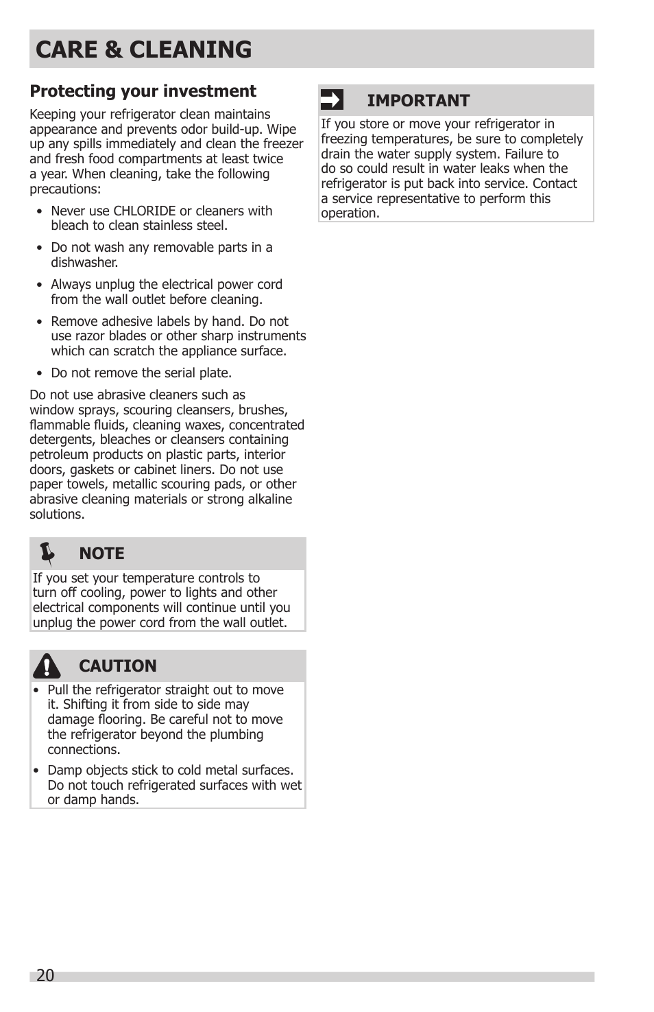 Care & cleaning, 20 important, Caution | Protecting your investment | FRIGIDAIRE FFHT1831QE User Manual | Page 20 / 23