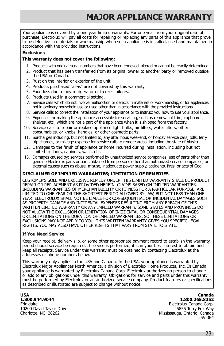 Major appliance warranty | FRIGIDAIRE FFHT1831QE User Manual | Page 23 / 23
