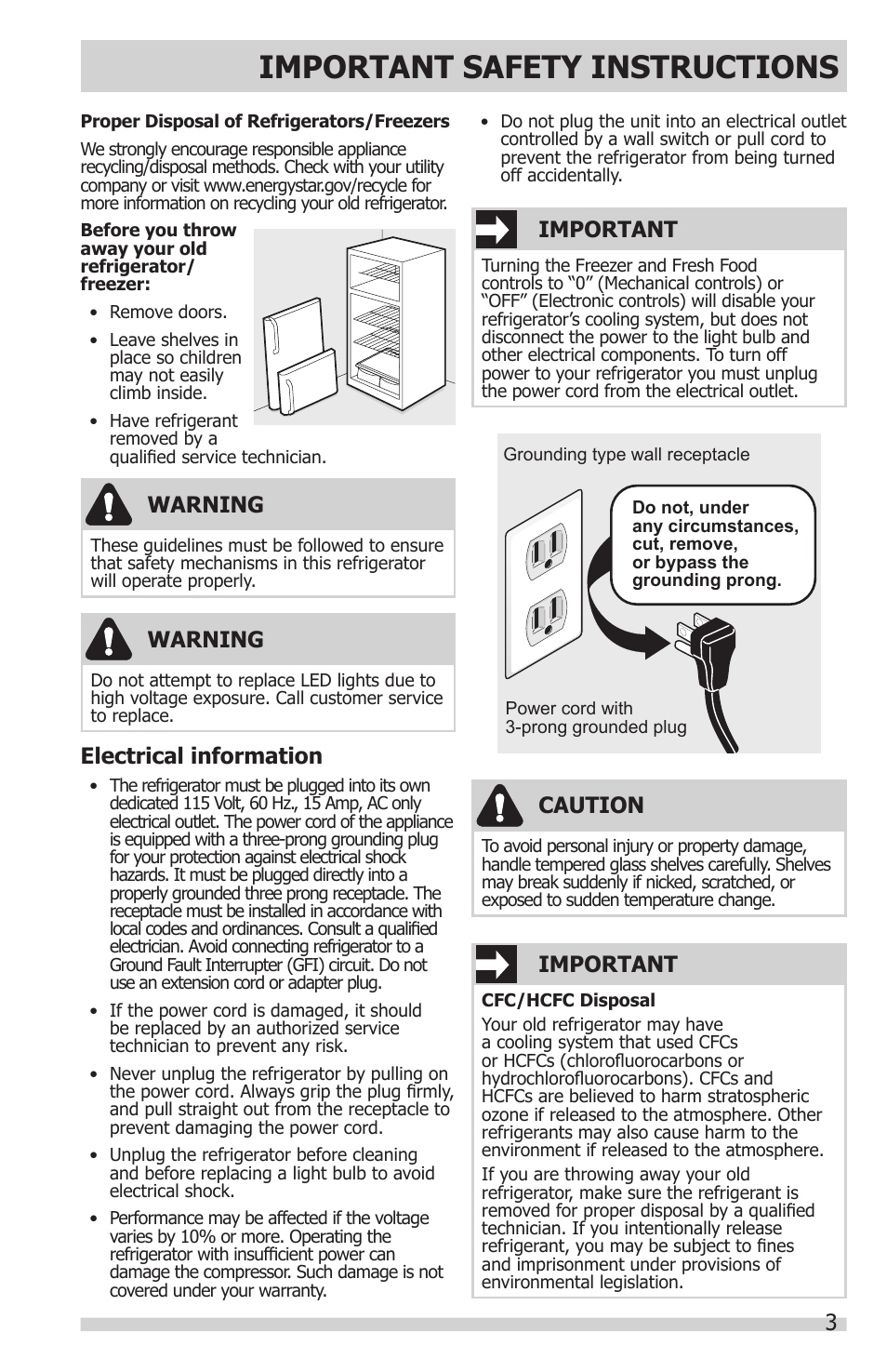 Important safety instructions, Electrical information, Warning | Important, Caution | FRIGIDAIRE FFHT1831QE User Manual | Page 3 / 23