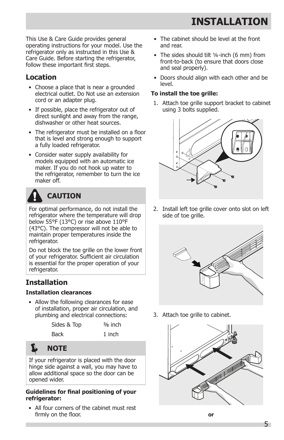 Installation, Caution, Location | FRIGIDAIRE FFHT1831QE User Manual | Page 5 / 23