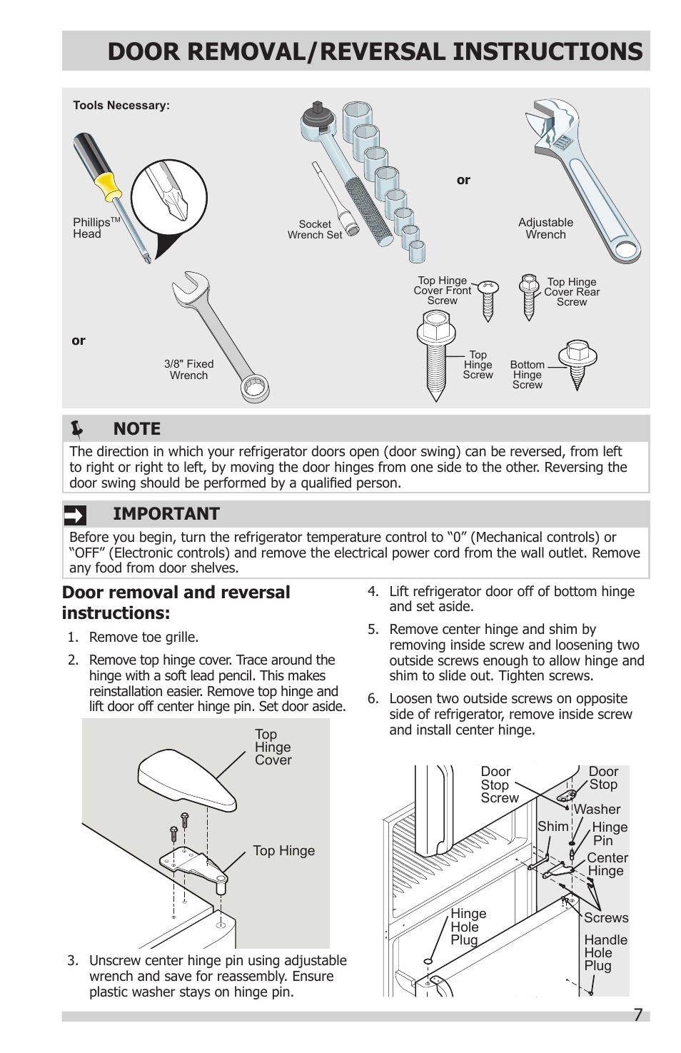Door removal/reversal instructions, Door removal and reversal instructions, Important | FRIGIDAIRE FFHT1831QE User Manual | Page 7 / 23