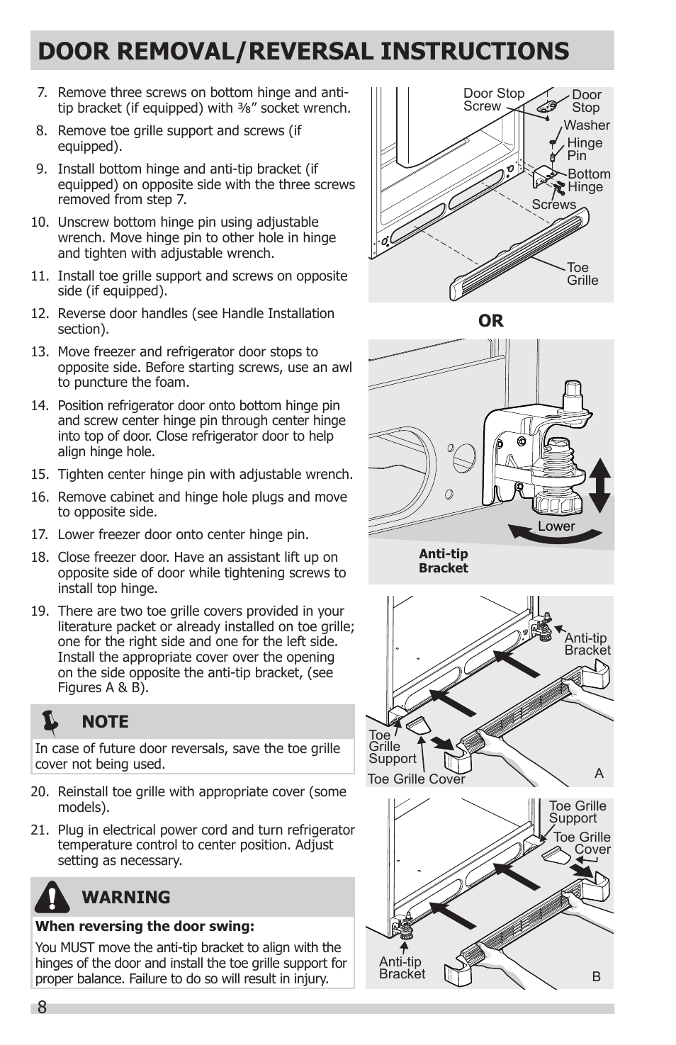 Door removal/reversal instructions, 8warning | FRIGIDAIRE FFHT1831QE User Manual | Page 8 / 23