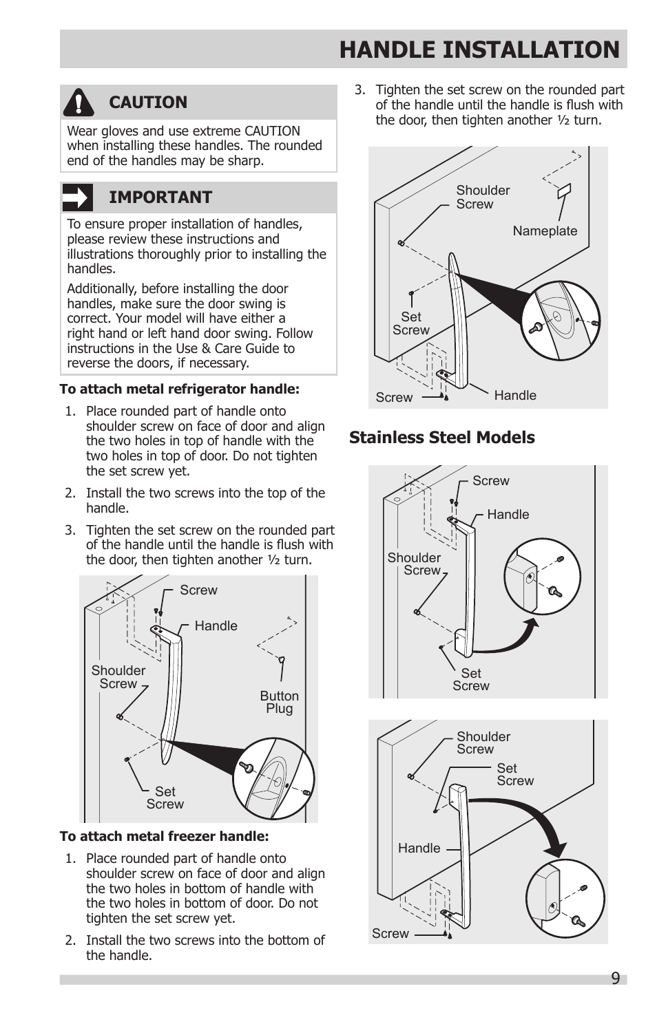 Handle installation, 9important, Caution | Stainless steel models | FRIGIDAIRE FFHT1831QE User Manual | Page 9 / 23