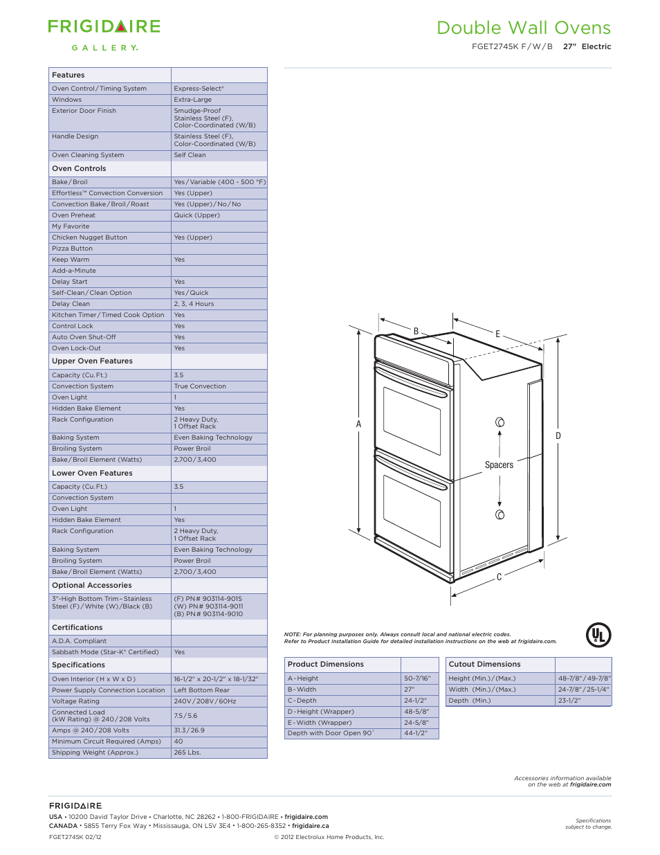 Double electric wall ovens frigidaire baseline, Double wall ovens | FRIGIDAIRE FGET2745KW User Manual | Page 2 / 6