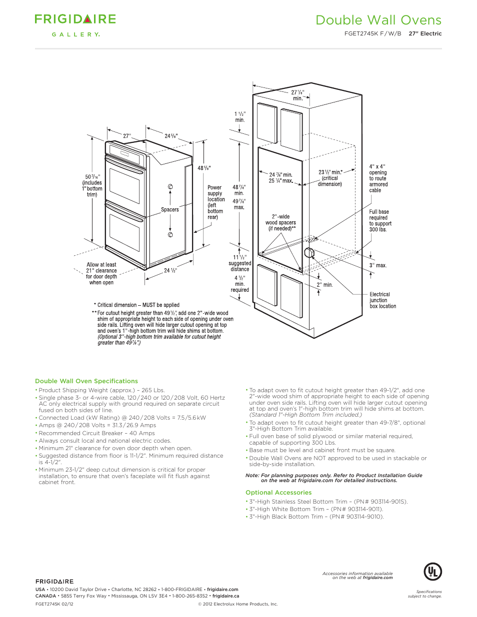 27" double electric wall oven gallery, Double wall ovens | FRIGIDAIRE FGET2745KW User Manual | Page 3 / 6