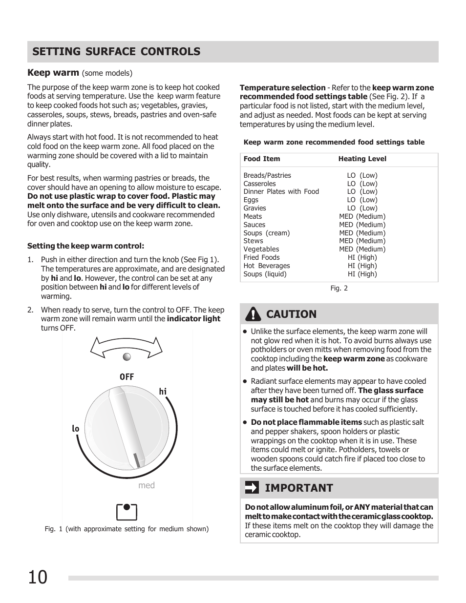 Setting surface controls, Caution, Important | FRIGIDAIRE FGEF3030PF User Manual | Page 10 / 32