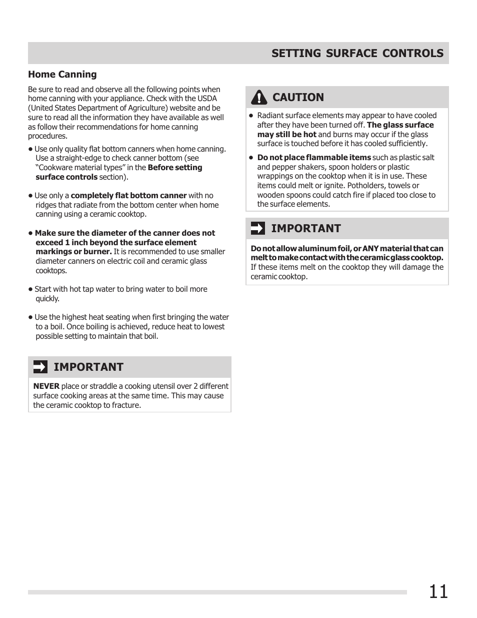 Setting surface controls, Caution, Important | FRIGIDAIRE FGEF3030PF User Manual | Page 11 / 32