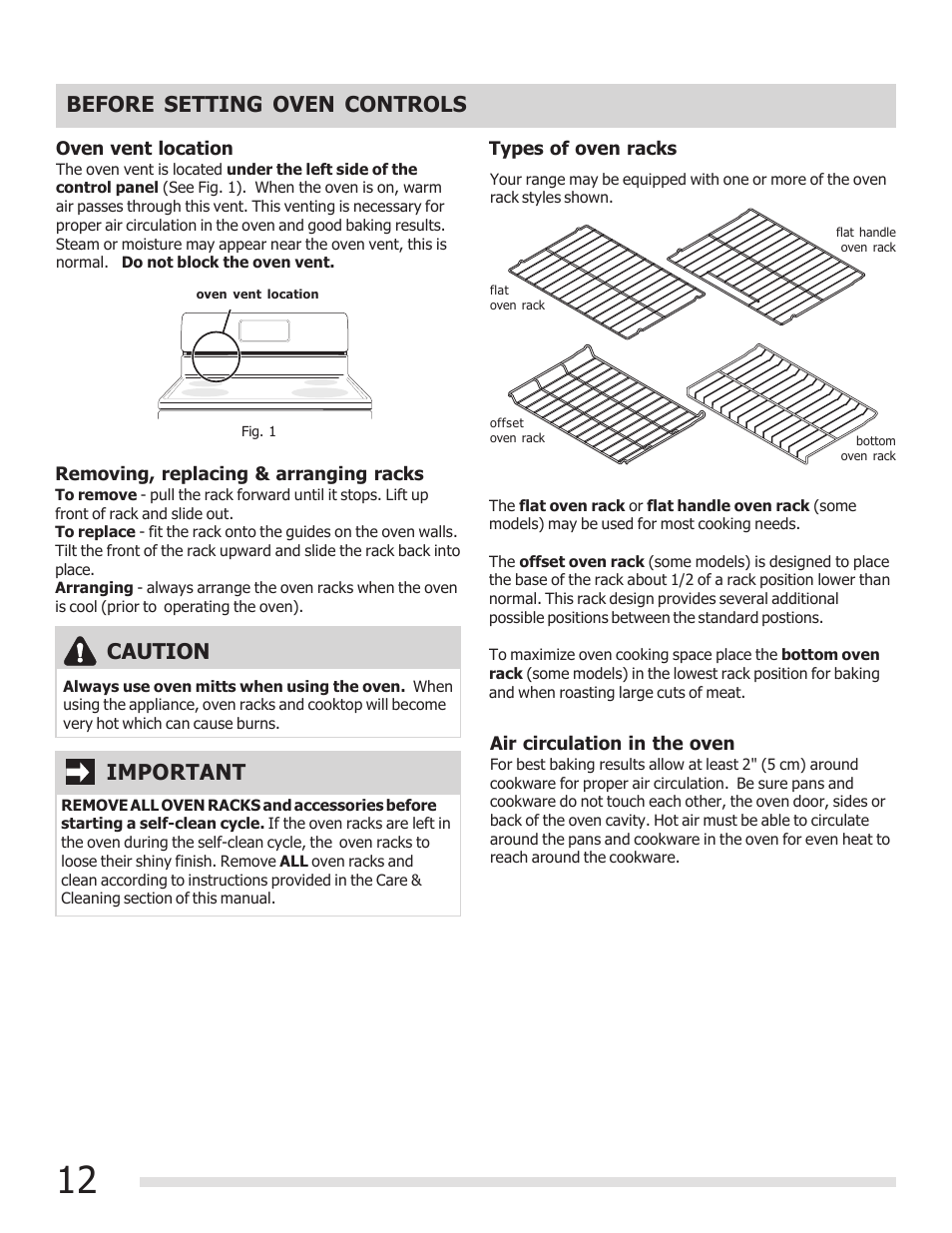 Before setting oven controls, Caution, Important | FRIGIDAIRE FGEF3030PF User Manual | Page 12 / 32