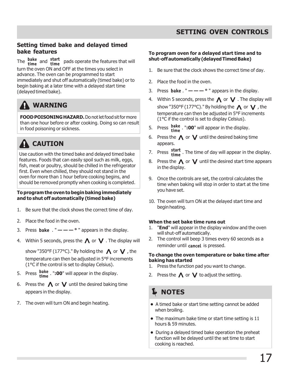 Setting oven controls, Warning, Caution | FRIGIDAIRE FGEF3030PF User Manual | Page 17 / 32