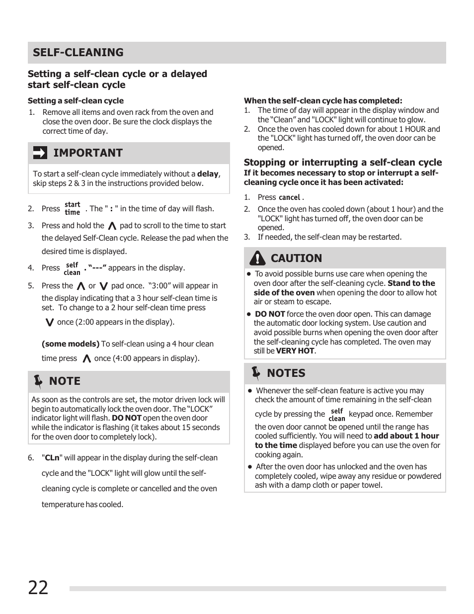 Self-cleaning, Important | FRIGIDAIRE FGEF3030PF User Manual | Page 22 / 32