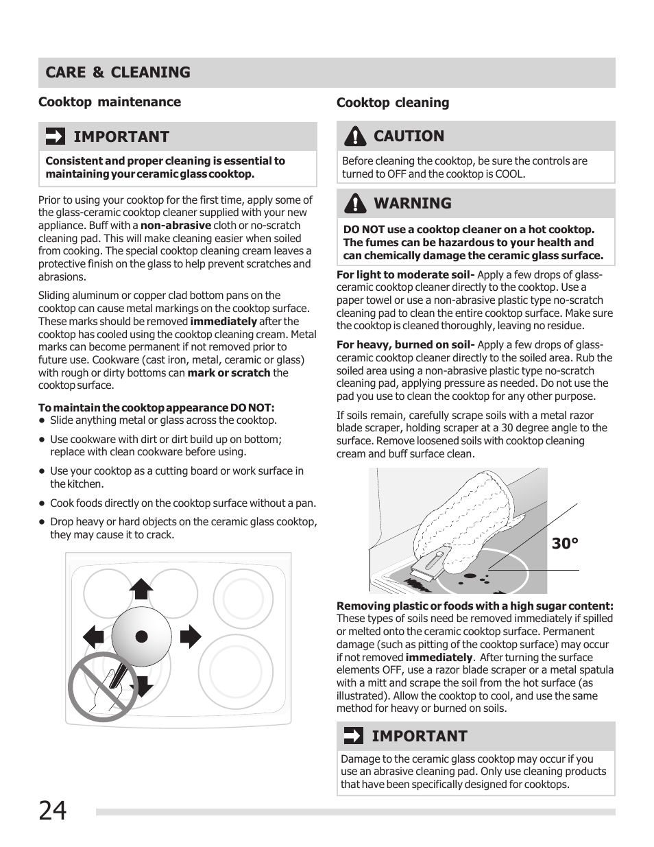 Important, Important caution care & cleaning 30, Warning | FRIGIDAIRE FGEF3030PF User Manual | Page 24 / 32