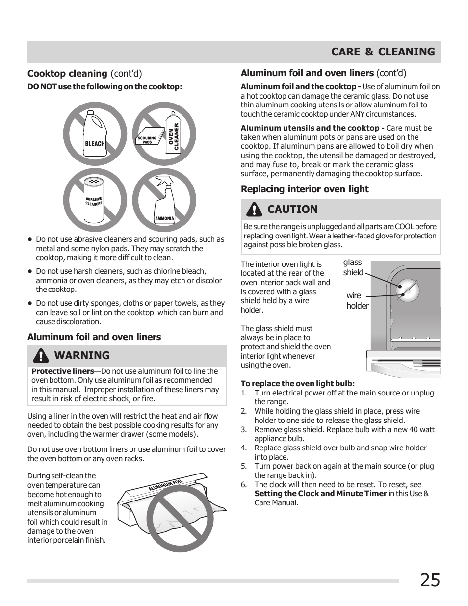 Care & cleaning, Caution, Warning | FRIGIDAIRE FGEF3030PF User Manual | Page 25 / 32