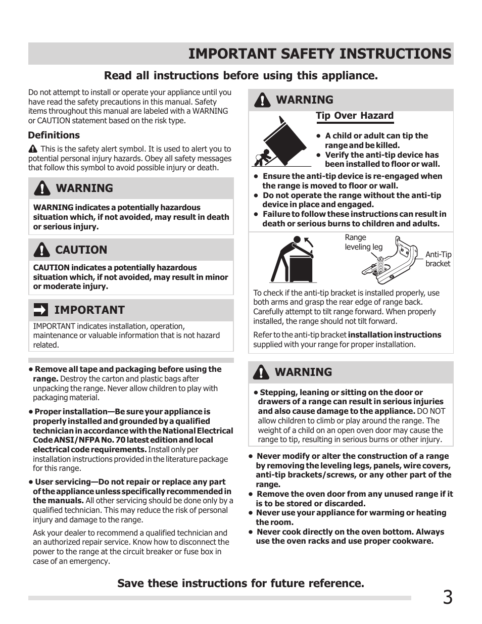Important safety instructions, Read all instructions before using this appliance, Save these instructions for future reference | Warning, Warning important, Caution | FRIGIDAIRE FGEF3030PF User Manual | Page 3 / 32