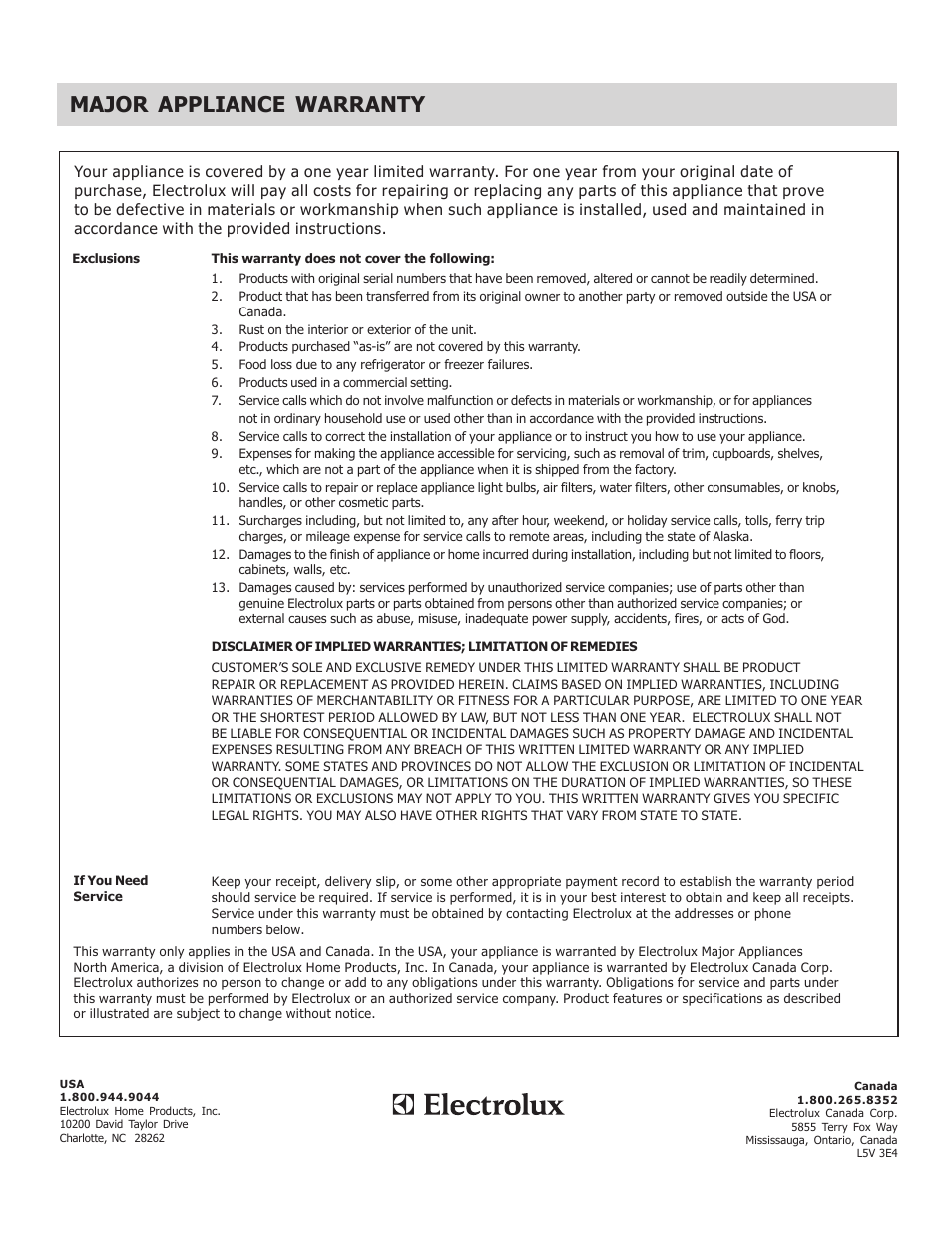 This page is left blank intentionally, Major appliance warranty | FRIGIDAIRE FGEF3030PF User Manual | Page 32 / 32