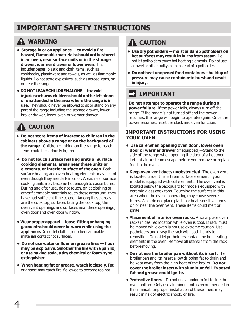 Important safety instructions, Caution, Important | Warning | FRIGIDAIRE FGEF3030PF User Manual | Page 4 / 32