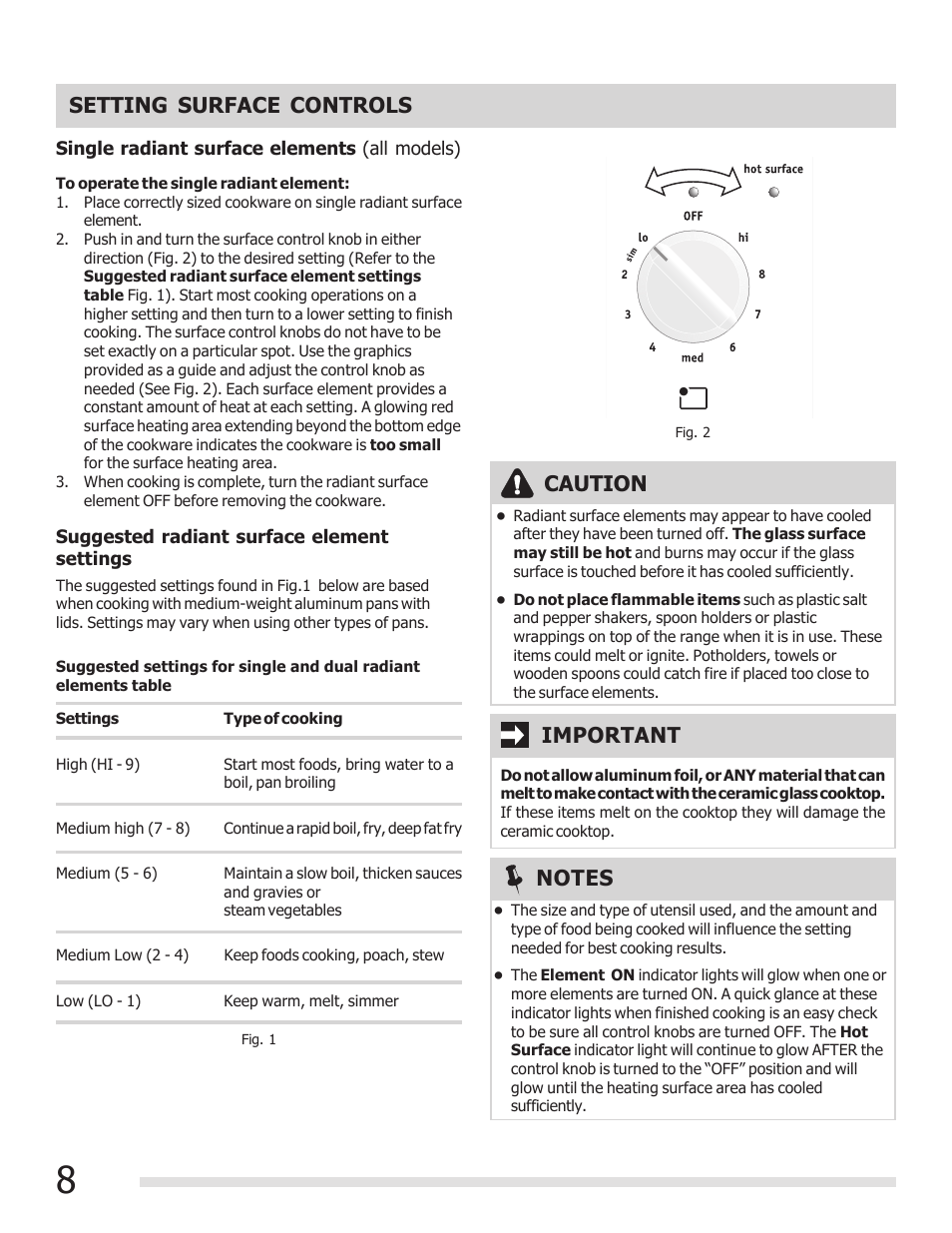 Setting surface controls, Caution, Important | FRIGIDAIRE FGEF3030PF User Manual | Page 8 / 32