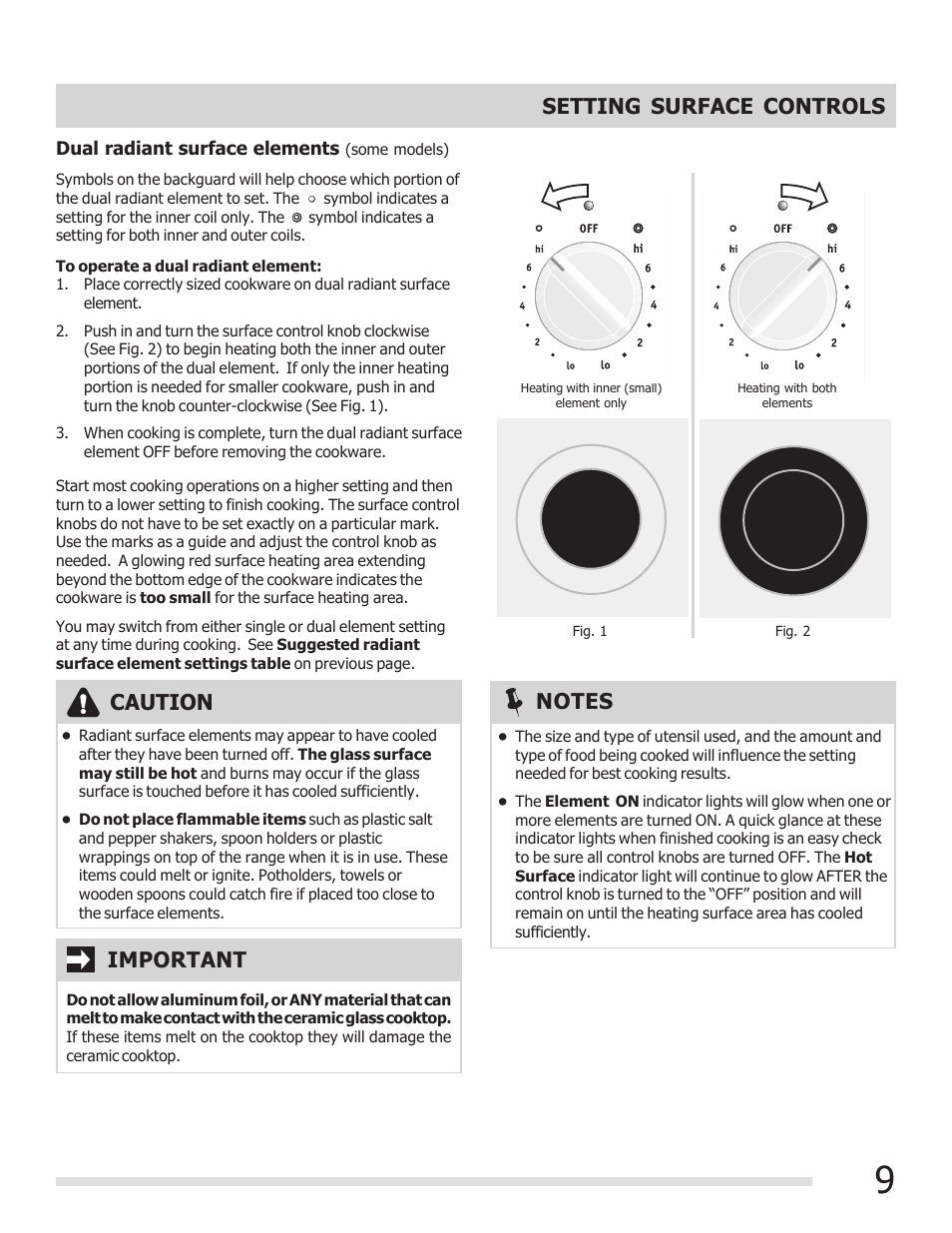 Setting surface controls caution | FRIGIDAIRE FGEF3030PF User Manual | Page 9 / 32