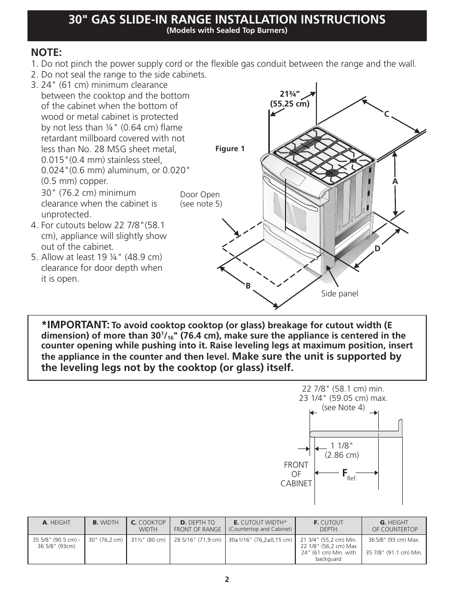 30" gas slide-in range installation instructions, Important | FRIGIDAIRE FFGS3025LS User Manual | Page 2 / 32