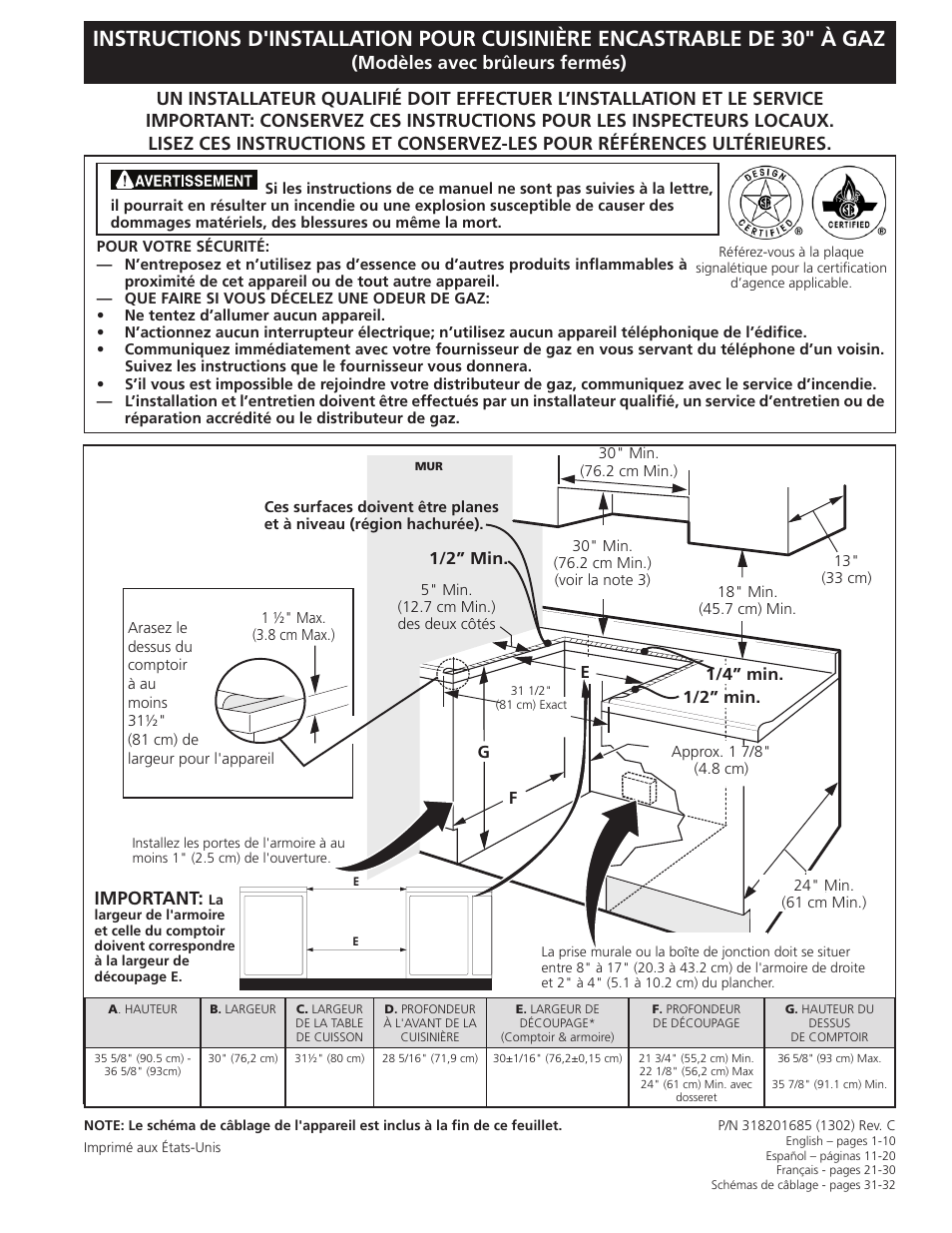 Modèles avec brûleurs fermés), Important | FRIGIDAIRE FFGS3025LS User Manual | Page 21 / 32