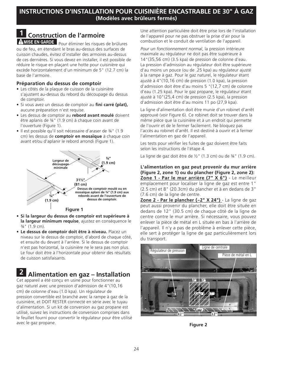 Construction de l’armoire, Alimentation en gaz – installation, Modèles avec brûleurs fermés) | FRIGIDAIRE FFGS3025LS User Manual | Page 24 / 32