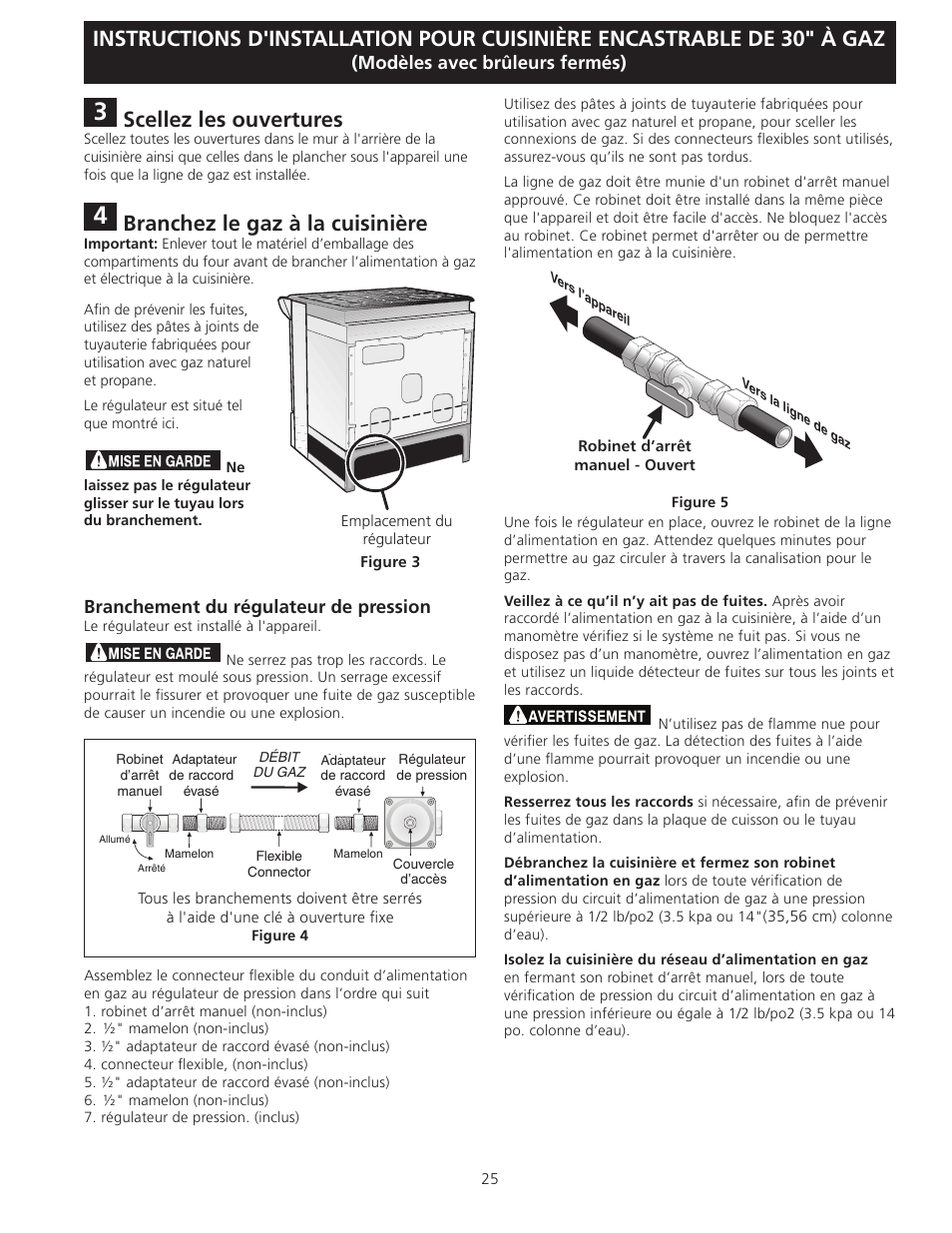 Scellez les ouvertures, Branchez le gaz à la cuisinière, Modèles avec brûleurs fermés) | Branchement du régulateur de pression | FRIGIDAIRE FFGS3025LS User Manual | Page 25 / 32