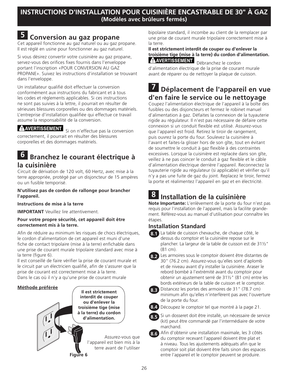 Conversion au gaz propane, Branchez le courant électrique à la cuisinière, Installation de la cuisinière | FRIGIDAIRE FFGS3025LS User Manual | Page 26 / 32