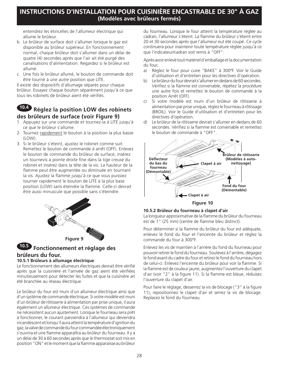Modèles avec brûleurs fermés), Fonctionnement et réglage des brûleurs du four | FRIGIDAIRE FFGS3025LS User Manual | Page 28 / 32